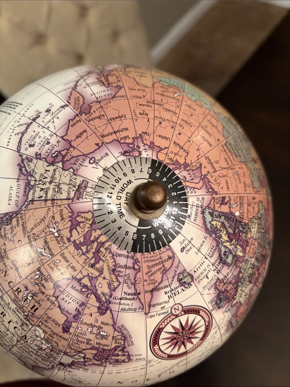 Vintage-Style Beige and Tan Tabletop Globe on Wooden Stand - Picture 4 of 6